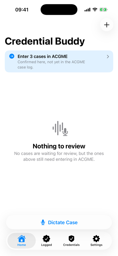 Credential Buddy home: nothing to review, cases tracked for ACGME entry
