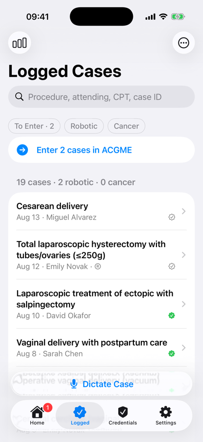 Logged cases list with search, filters, and ACGME entry tracking